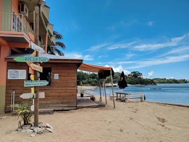 A shack that's situated nexted to a blue ocean beach